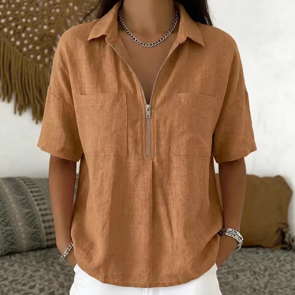 Camisa Informal Manga Corta Cuello V Cremallera Holgada para Mujer