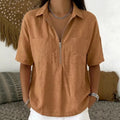 Camisa Informal Manga Corta Cuello V Cremallera Holgada para Mujer