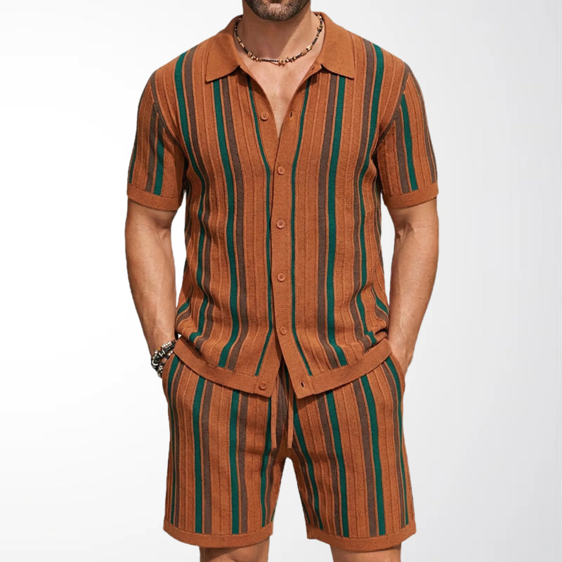Conjunto informal de dos piezas de punto de manga corta para hombre