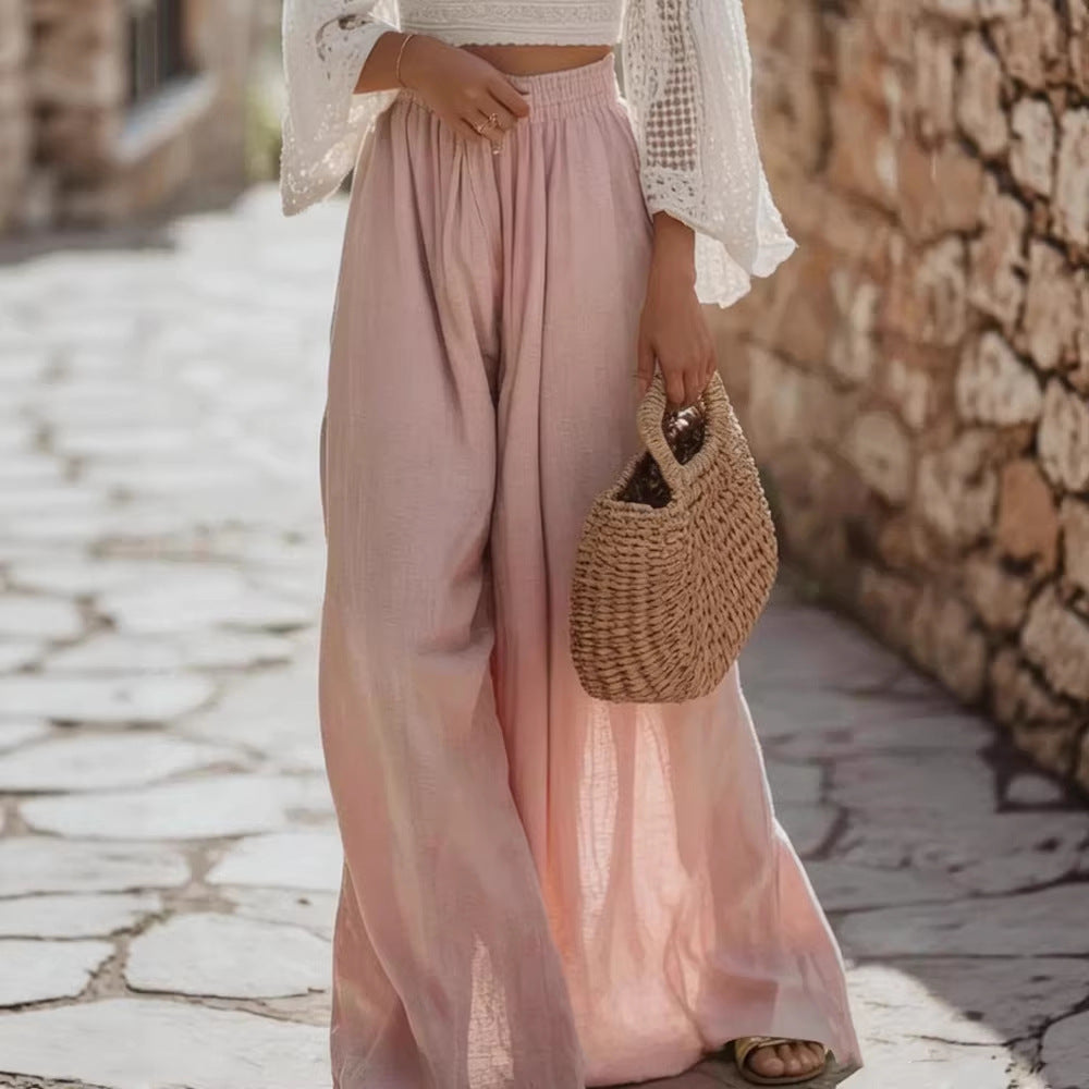 Pantalones casuales finos de color liso y corte holgado para mujer.