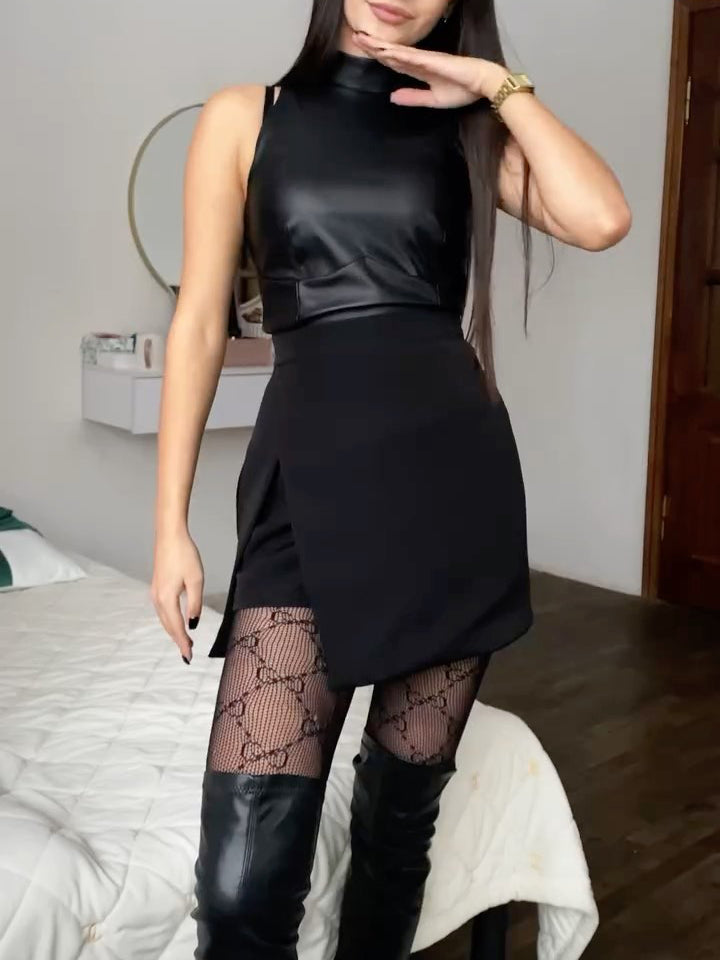 Falda Pantalón Negra de Talle Alto para Mujer — Poliéster Elegante