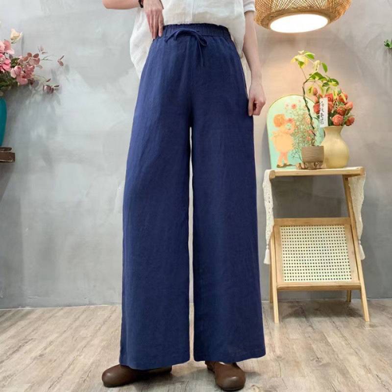 Pantalones holgados de talle alto de algodón y lino para mujer