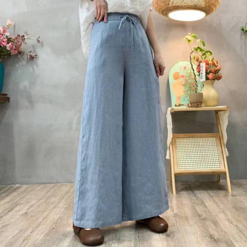 Pantalones holgados de talle alto de algodón y lino para mujer