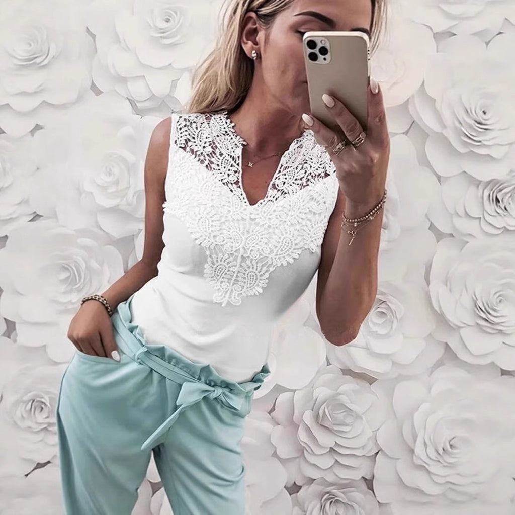 Camiseta sin mangas con cuello en V, ribete de encaje y diseño patchwork para mujer