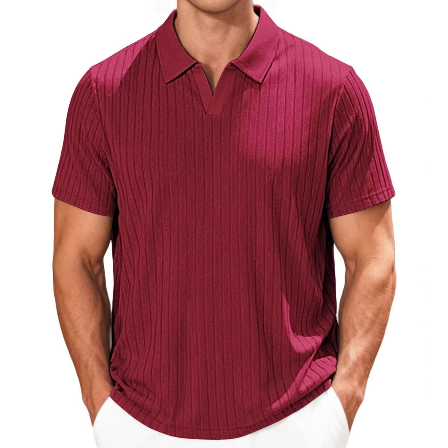 Camisa informal de manga corta a rayas con solapa de jacquard y tejido tipo toalla para hombre