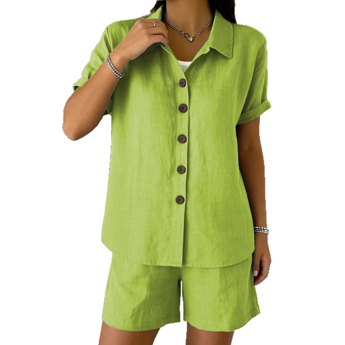 Conjunto de camisa informal de manga corta para mujer — algodón y lino con botones
