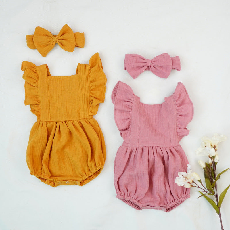 Girls' short-sleeved romper with ruffles and matching bow