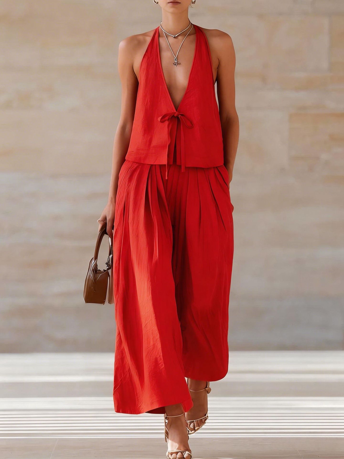 Conjunto de mujer moderno e informal compuesto por chaleco sin mangas y pantalones anchos holgados.