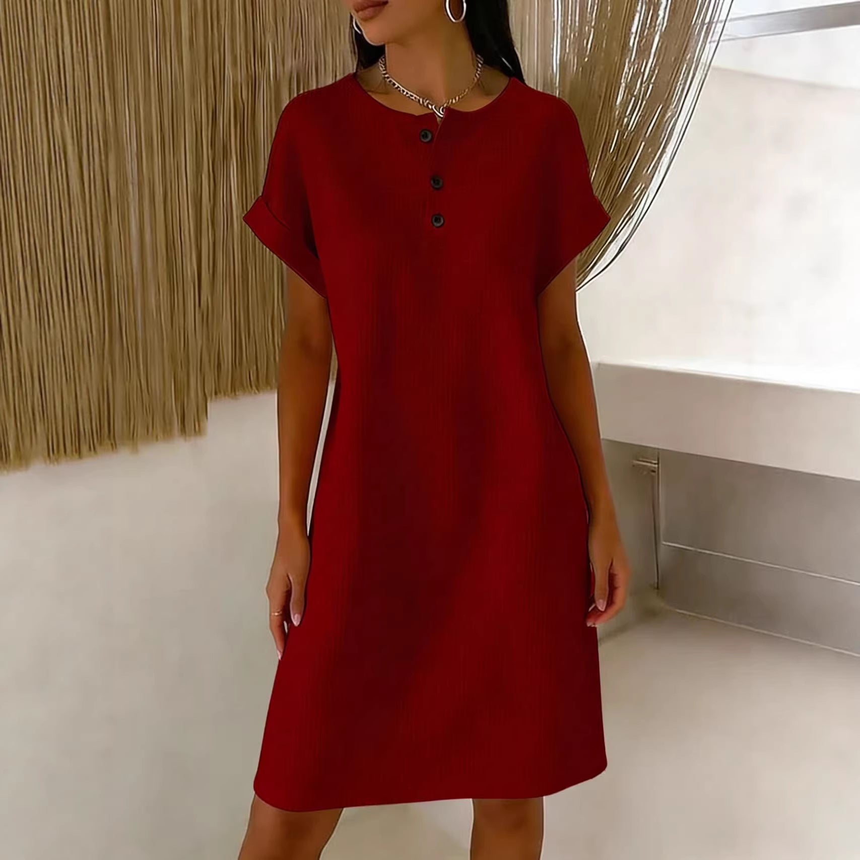 New comfortable and casual plain waffle knit dress with a round neck