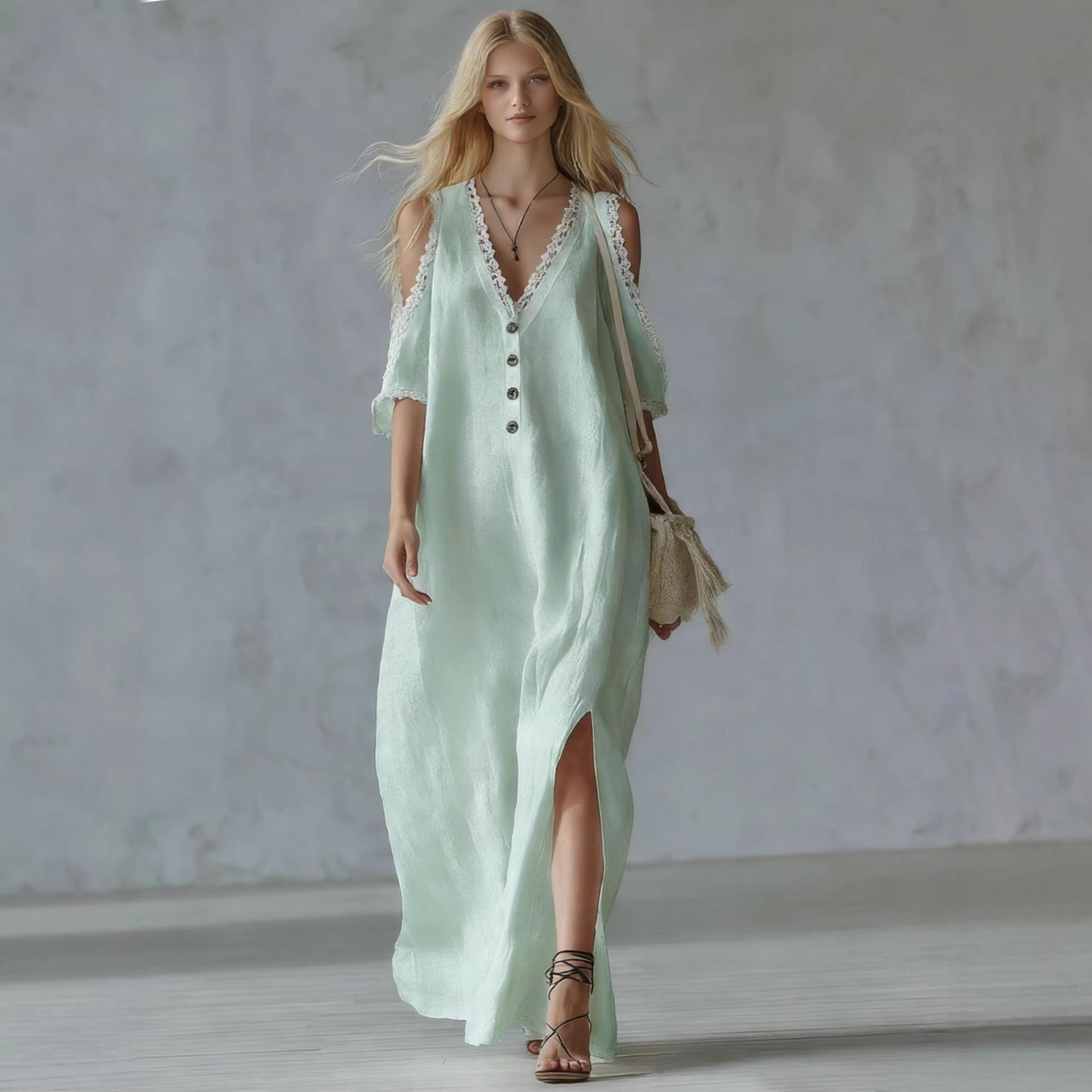Nuevo vestido casual de mujer de corte holgado con ribete de encaje.