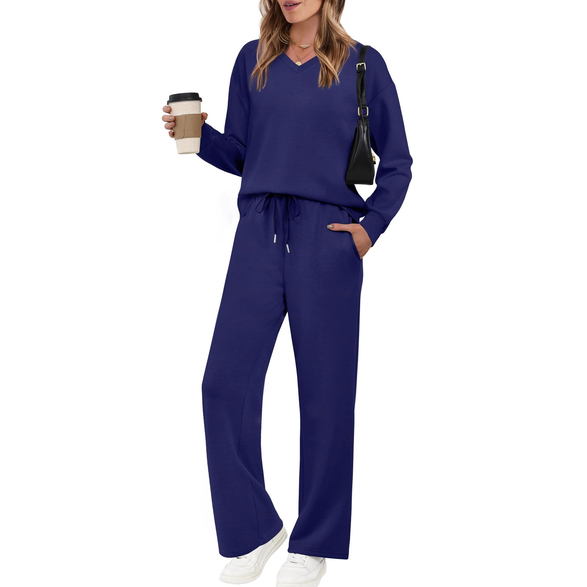 Conjunto de pantalón casual de color liso con cordón y manga larga
