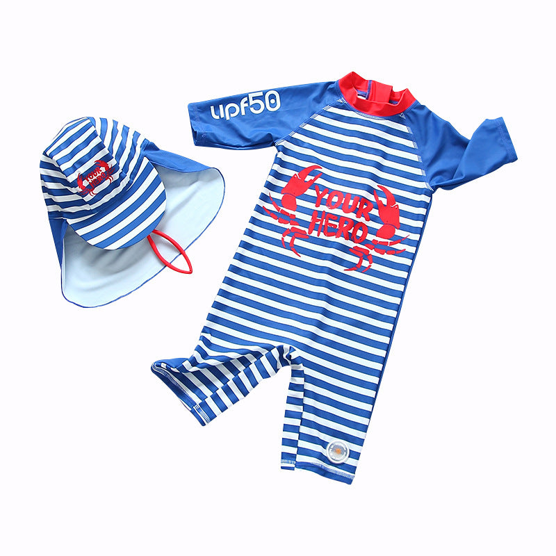 Traje de Baño Infantil a Rayas Azul Marino con Gorro de Sol — Poliéster