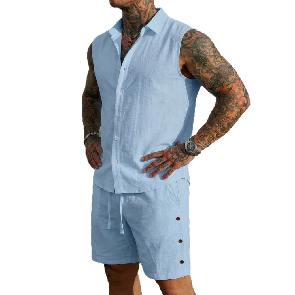 Conjunto fresco de lino para hombre — camisa manga corta y shorts