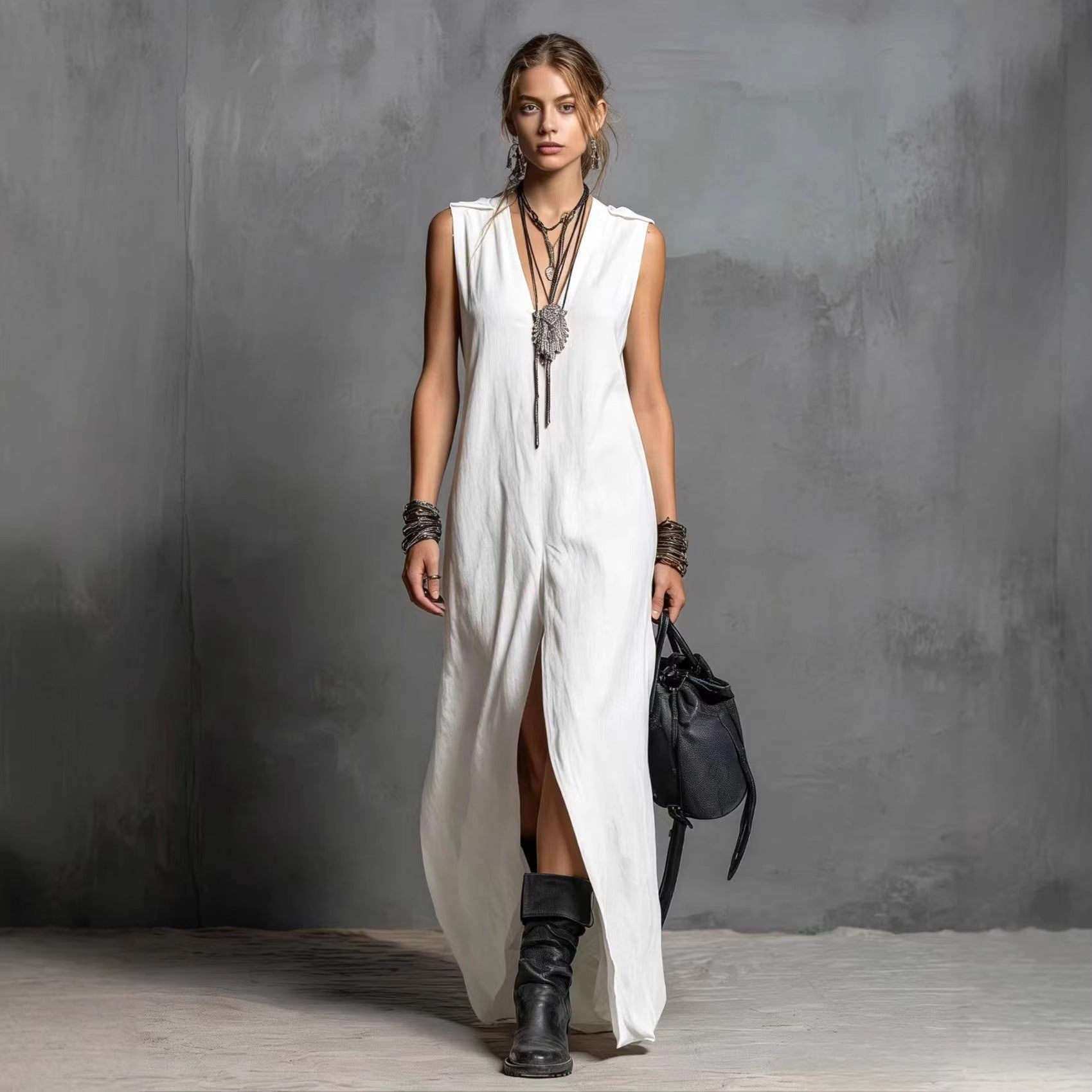 Long sleeveless V-neck dress with slit