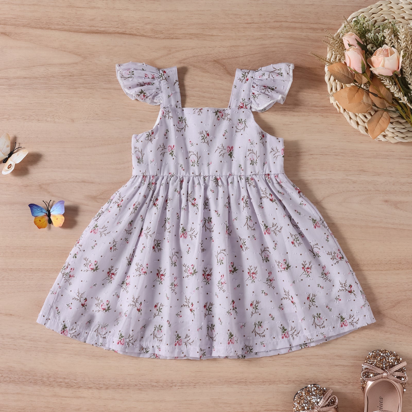 Vestido Lencero Infantil Tricolor con Estampado Floral y Mangas Cortas — Algodón