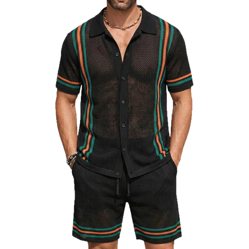 Conjunto de suéter de punto de manga corta con diseño calado para hombre