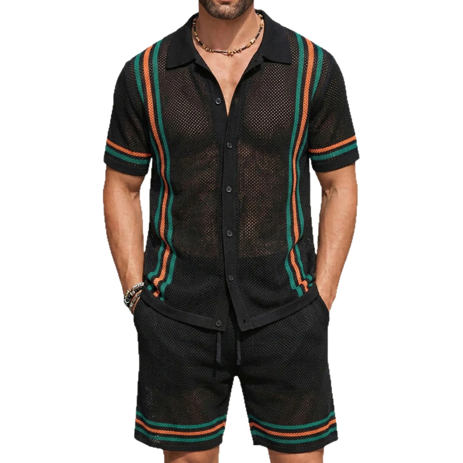 Conjunto de suéter de punto de manga corta con diseño calado para hombre