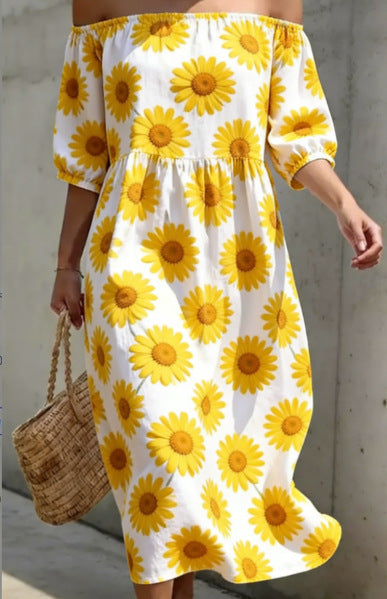 Vestido informal manga corta holgado plisado con hombros descubiertos