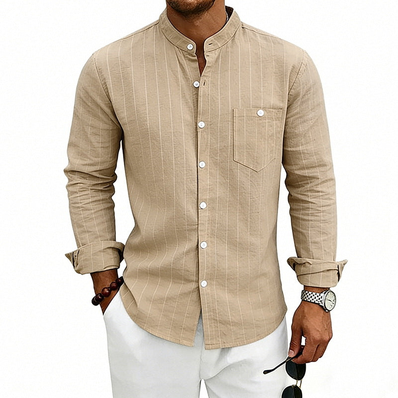 Camisa informal de manga larga con cuello alto y estampado jacquard de lino a rayas, corte holgado.