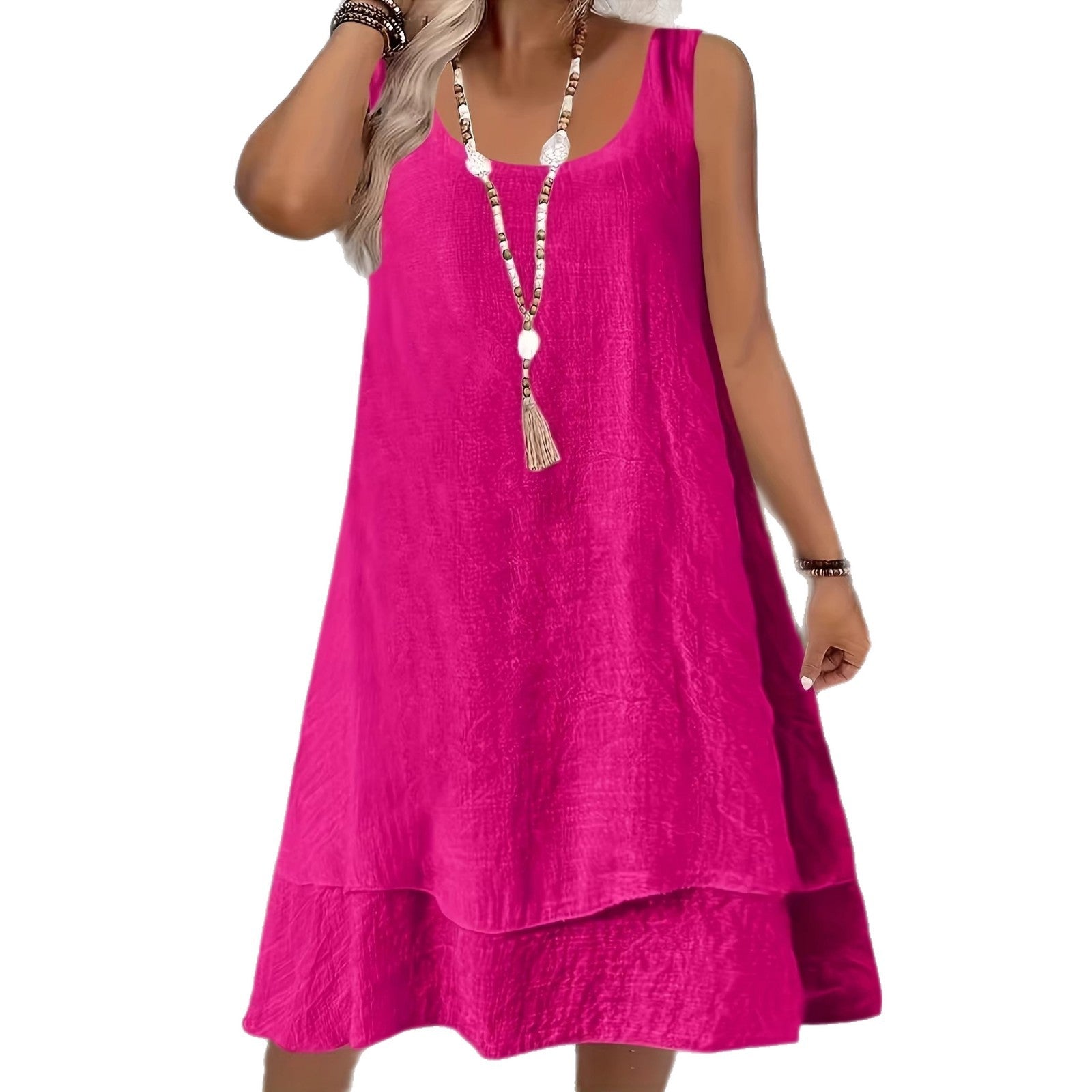 Vestido Holgado Sin Mangas Color Liso Cuello Redondo para Mujer