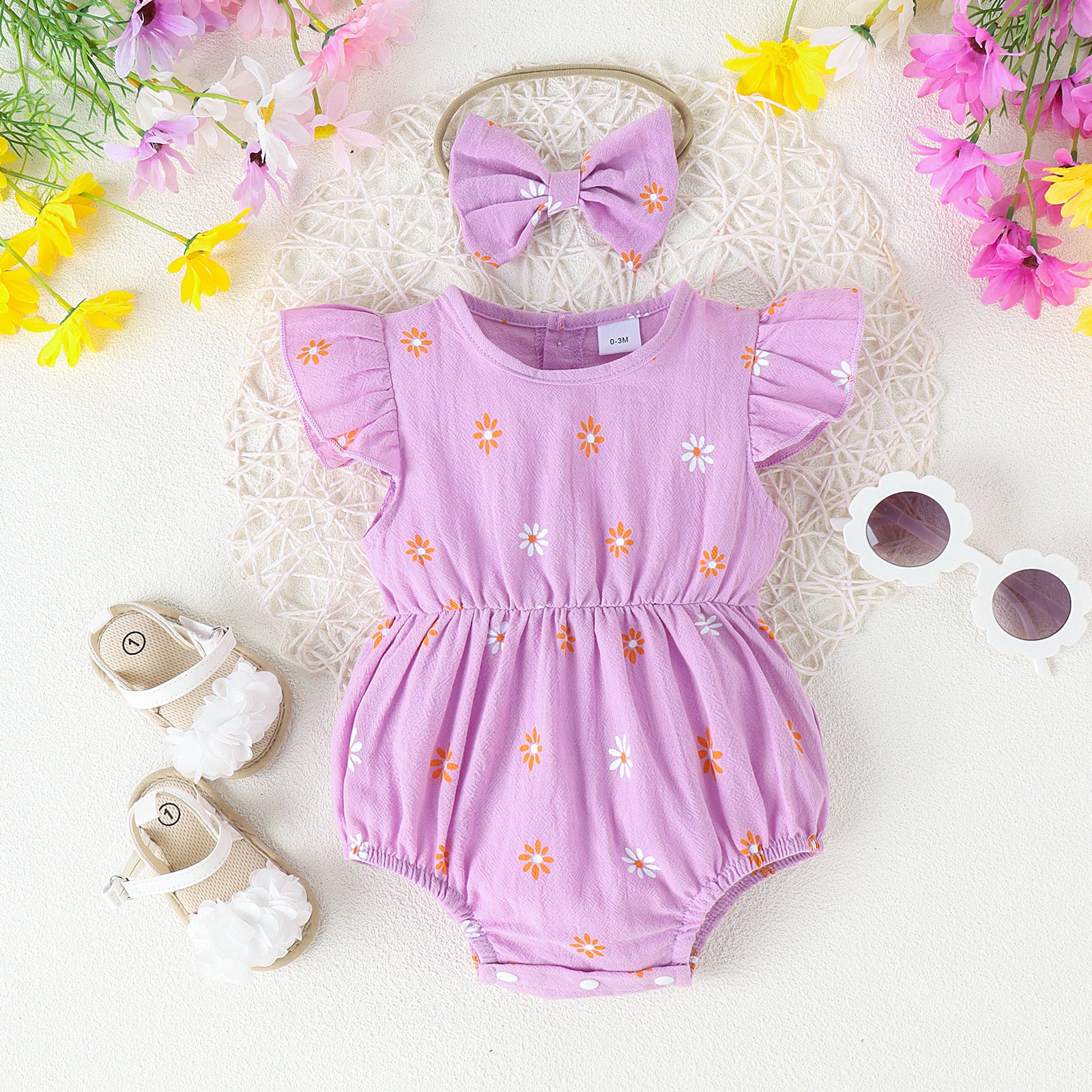 Mono Estampado Multicolor para Bebé con Tocado de Lazo — Algodón