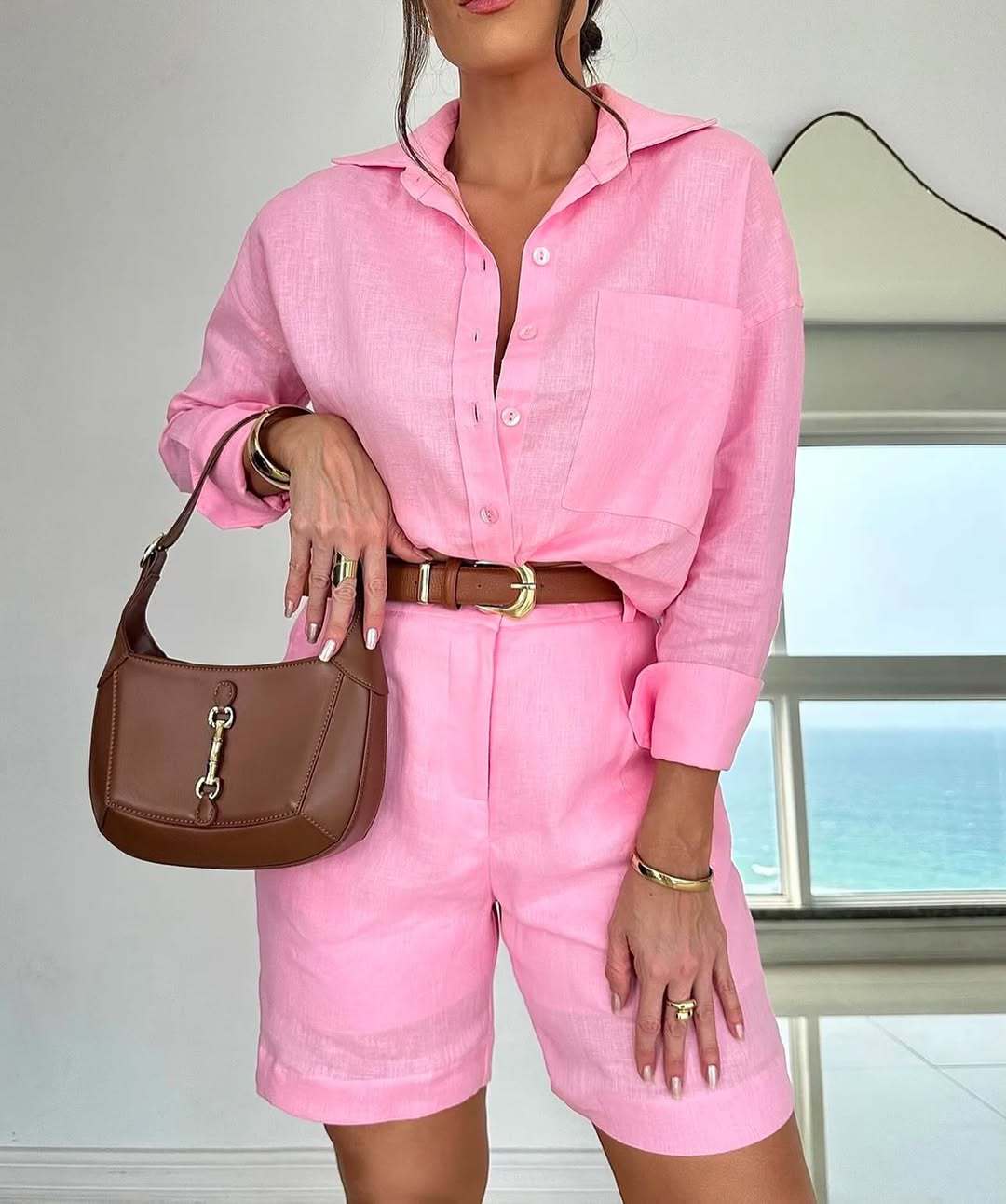 Conjunto informal de camisa de manga larga y pantalones cortos para mujer