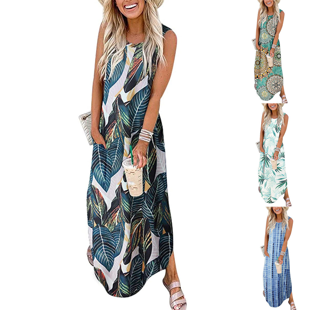 Sleeveless dress with irregular hem and print
