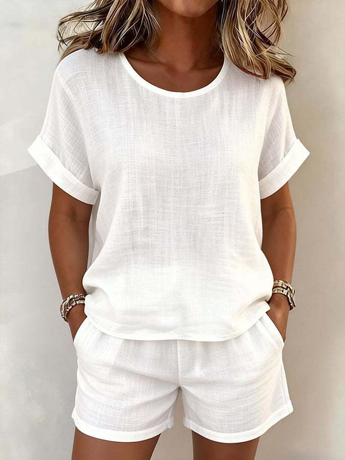 Conjunto Dos Piezas Informal Color Liso Cuello Redondo Manga Corta Mujer
