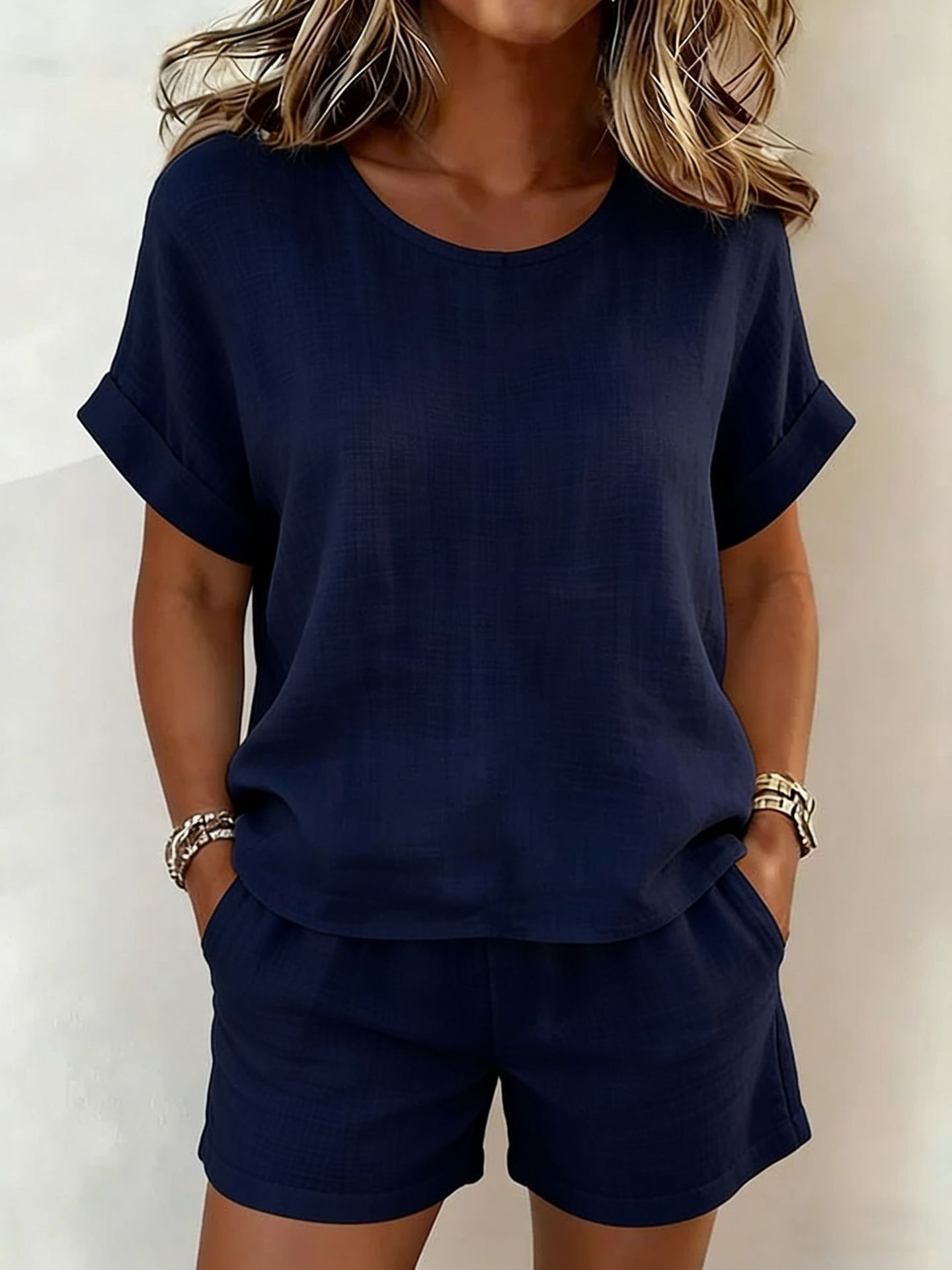 Conjunto Dos Piezas Informal Color Liso Cuello Redondo Manga Corta Mujer