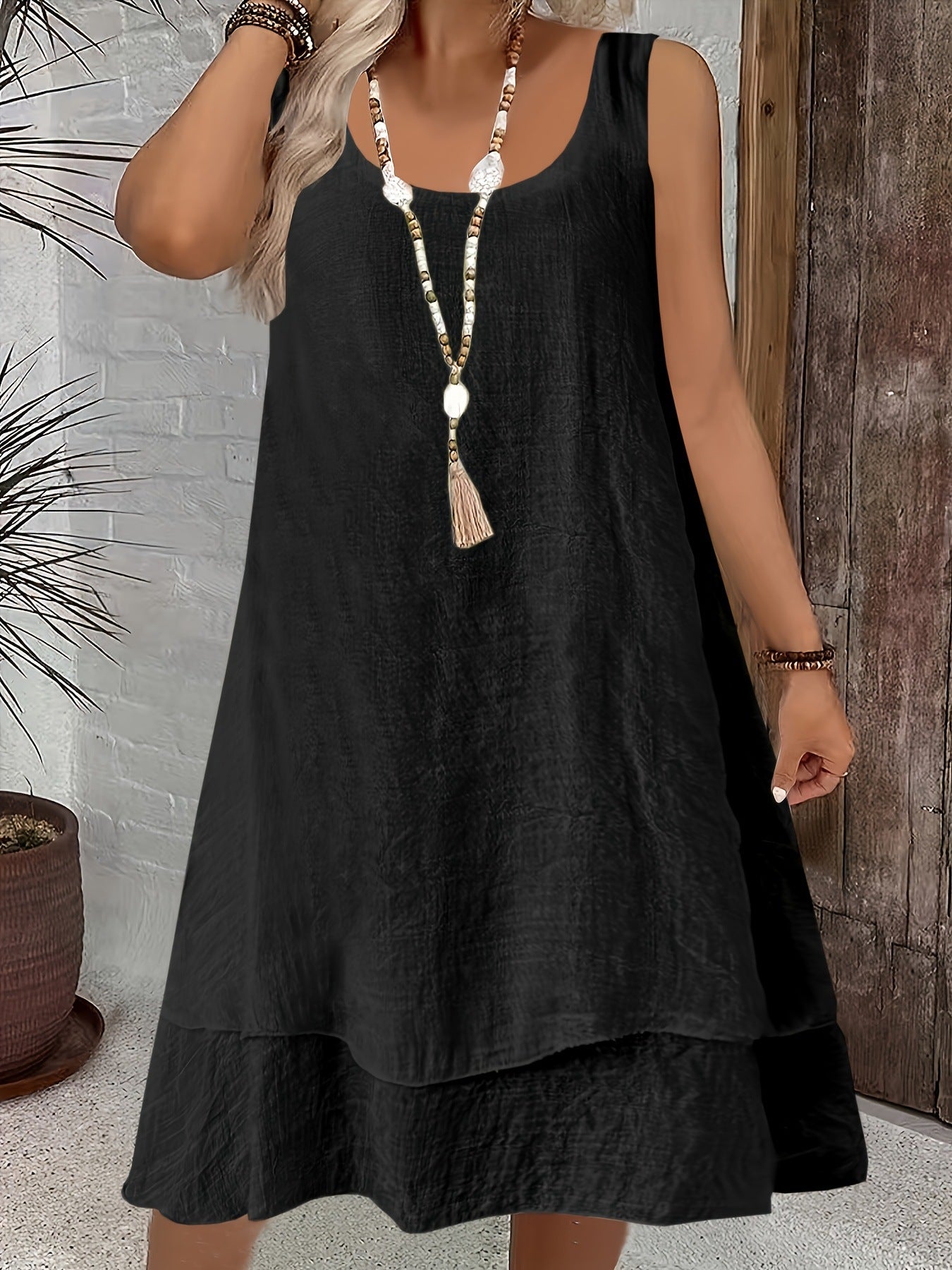 Vestido Holgado Sin Mangas Color Liso Cuello Redondo para Mujer