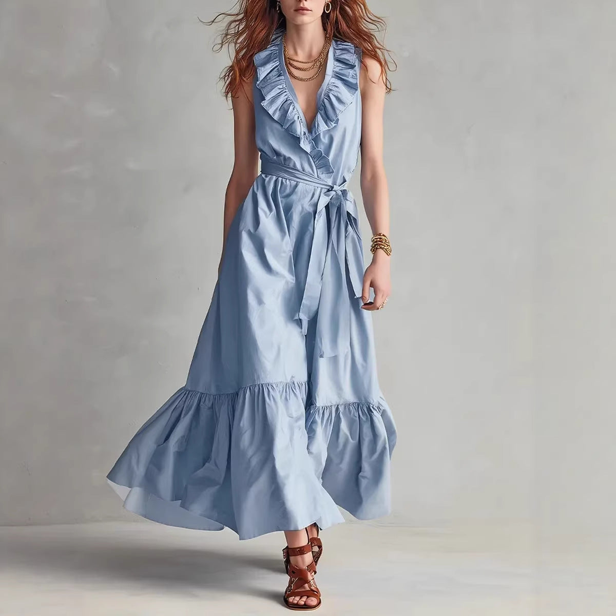 Vestido sin mangas con escote en V y cordones