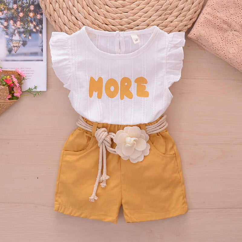 Conjunto Estilo Princesa con Volantes Jacquard y Cinturón de Flores para Niña — Algodón
