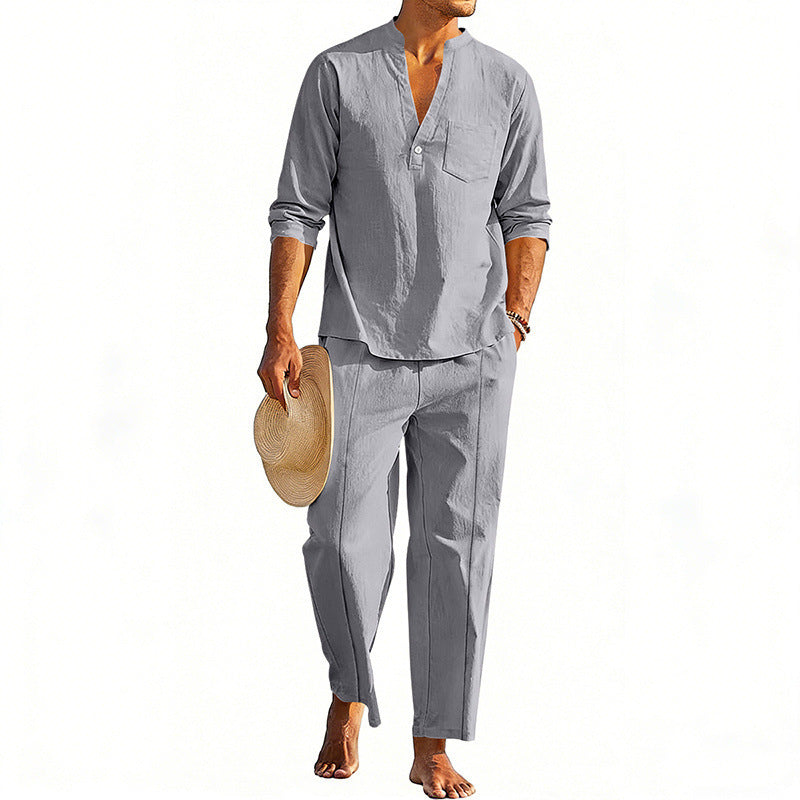 Conjunto informal de pantalón recto y camiseta Henley de manga larga para hombre