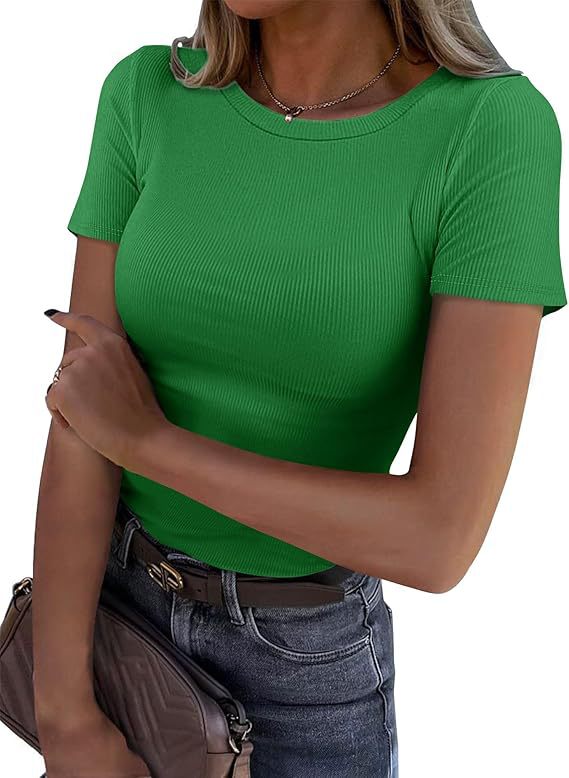 Camiseta de Manga Larga Elástica Cuello Redondo Acanalada para Mujer