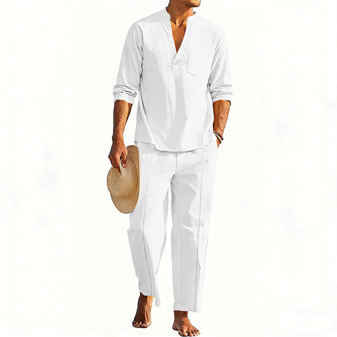 Conjunto informal de pantalón recto y camiseta Henley de manga larga para hombre