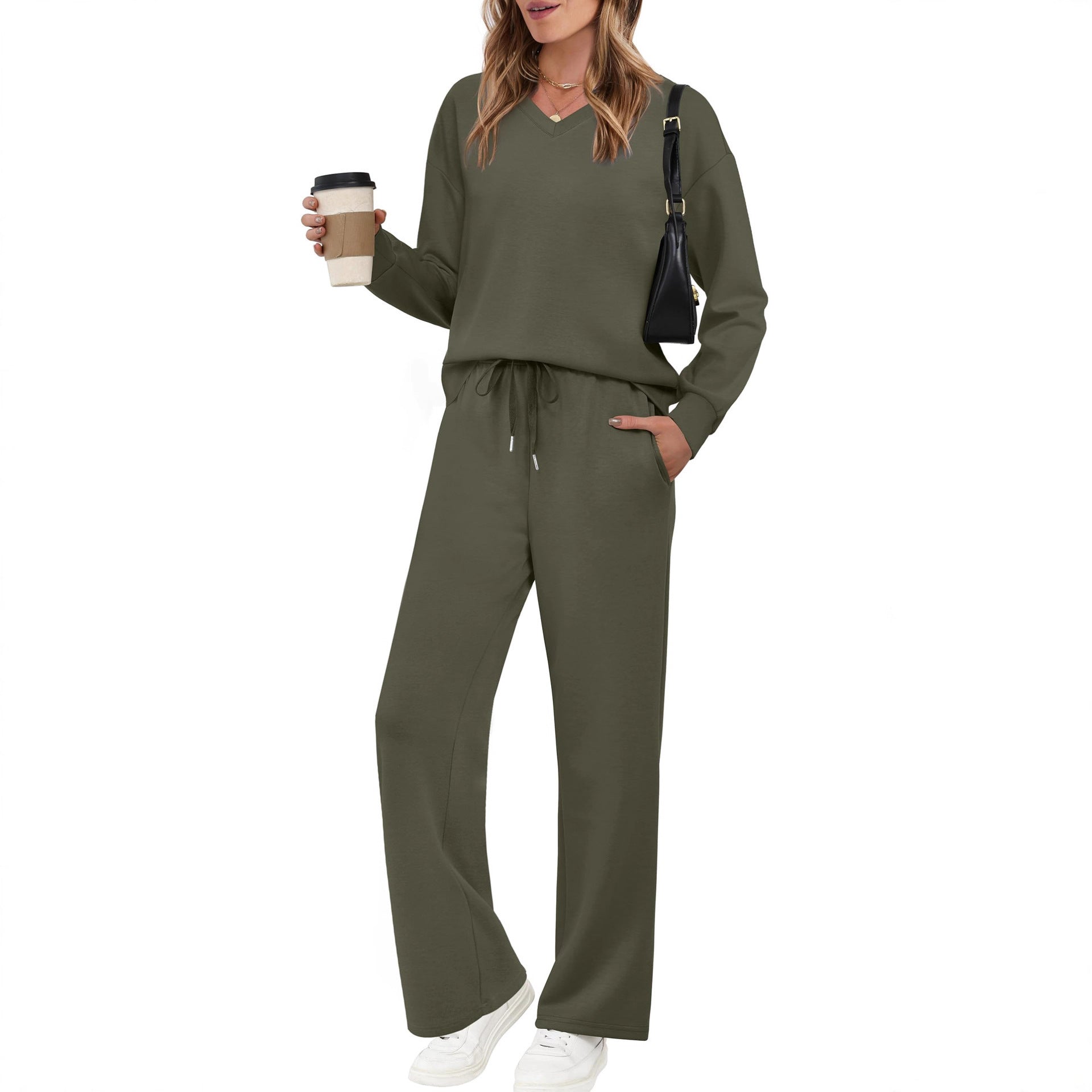 Conjunto de pantalón casual de color liso con cordón y manga larga