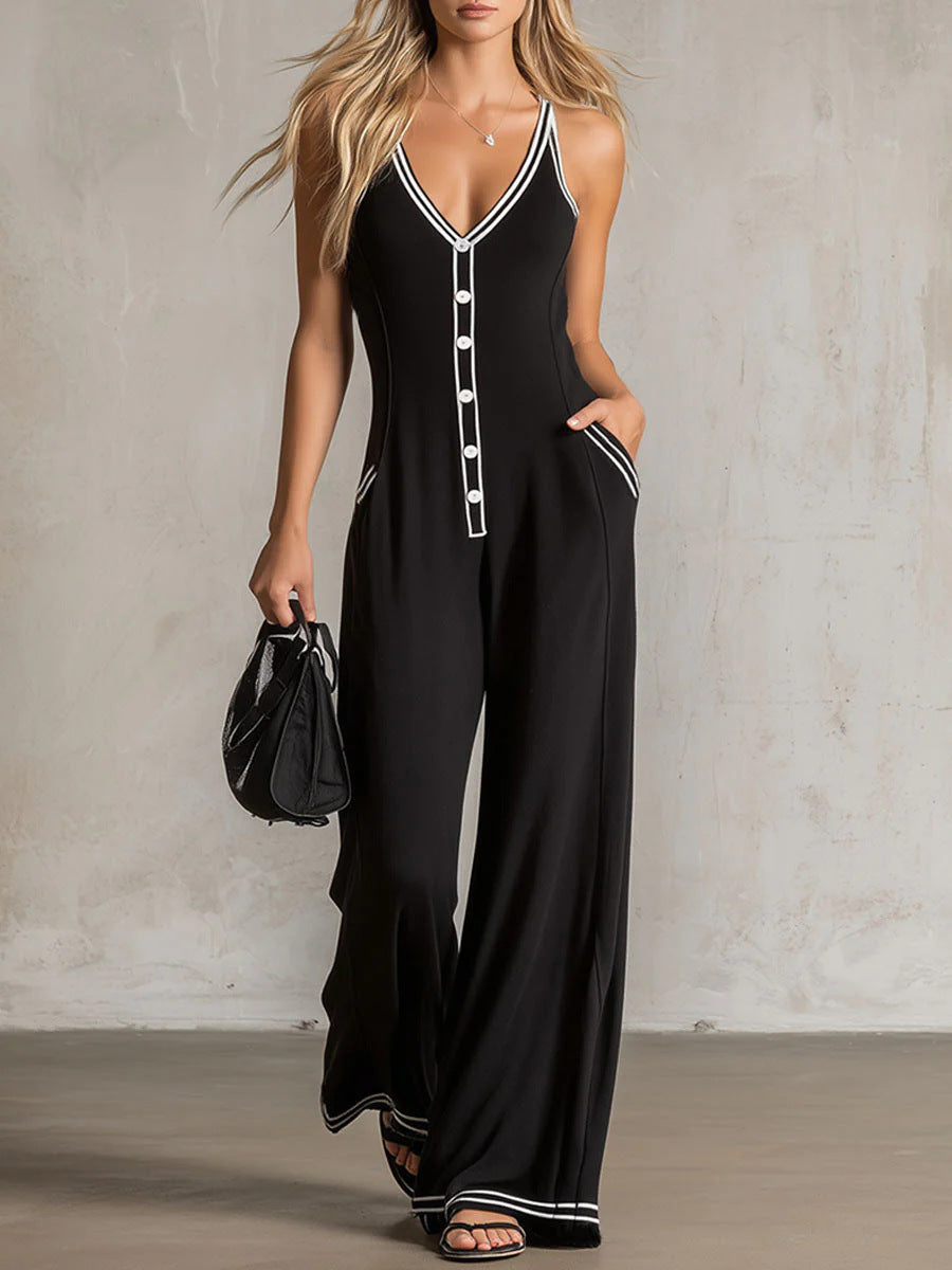 Mono informal de mujer con escote en V, espalda descubierta y perneras anchas.