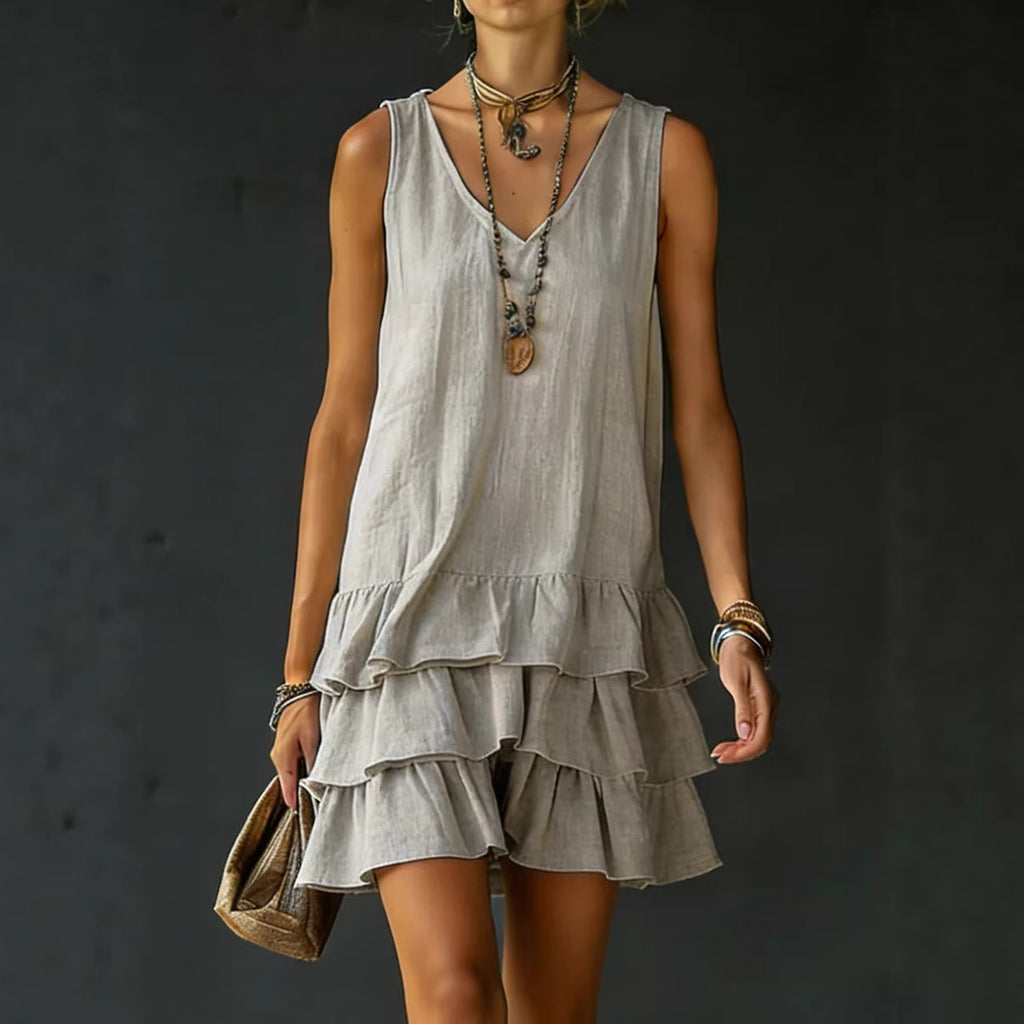 Vestido Sin Mangas de Algodón y Lino Cuello en V para Mujer