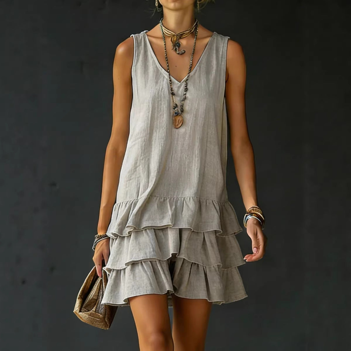Vestido Sin Mangas de Algodón y Lino Cuello en V para Mujer