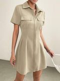 Vestido Camisero Midi Plisado con Cuello Solapa y Cintura Marcada