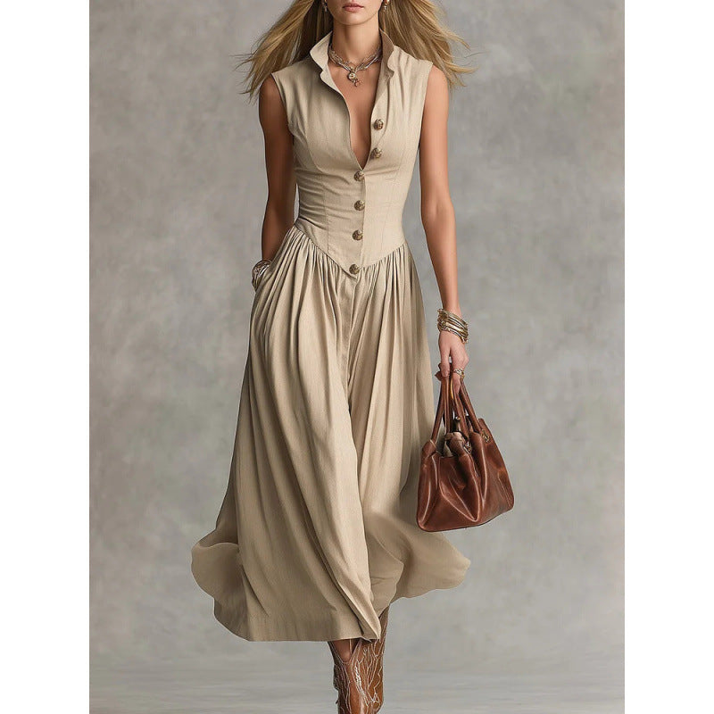 Elegante y sofisticado vestido largo sin mangas con cuello de solapa.