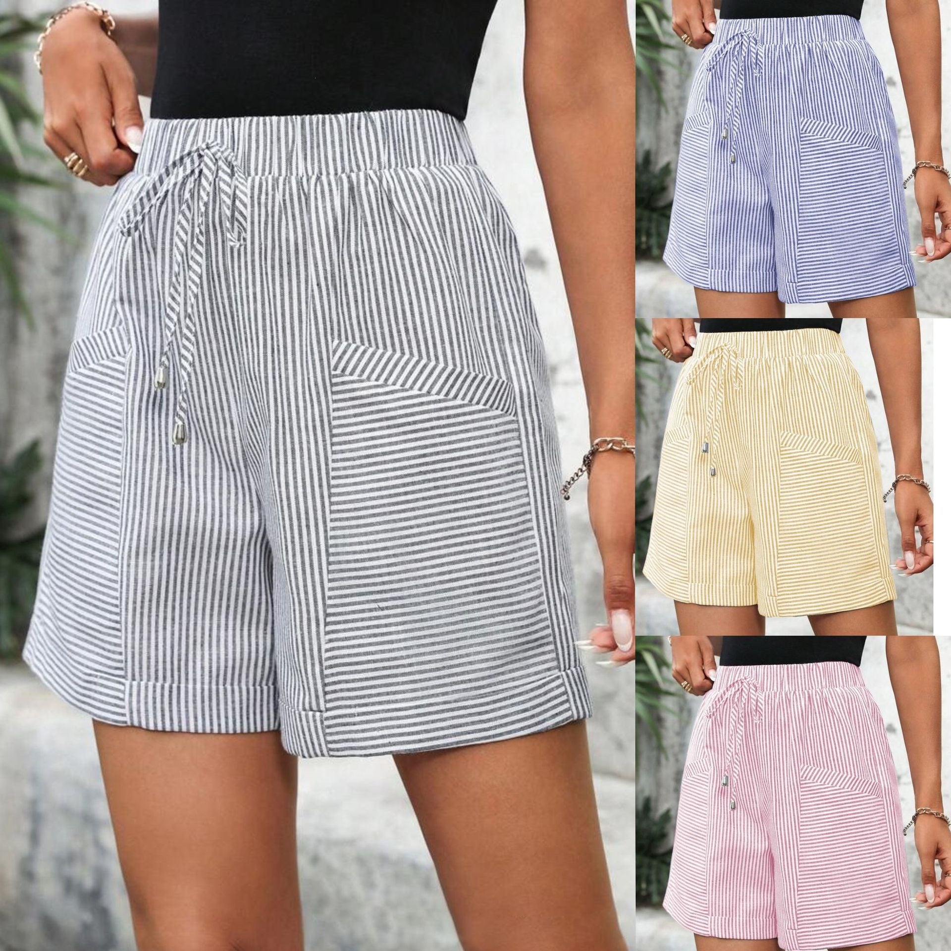 Pantalones cortos casuales de mujer con cintura elástica y rayas