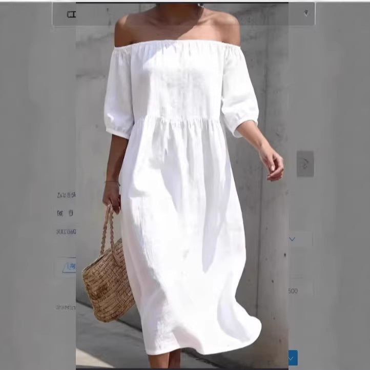 Vestido informal manga corta holgado plisado con hombros descubiertos