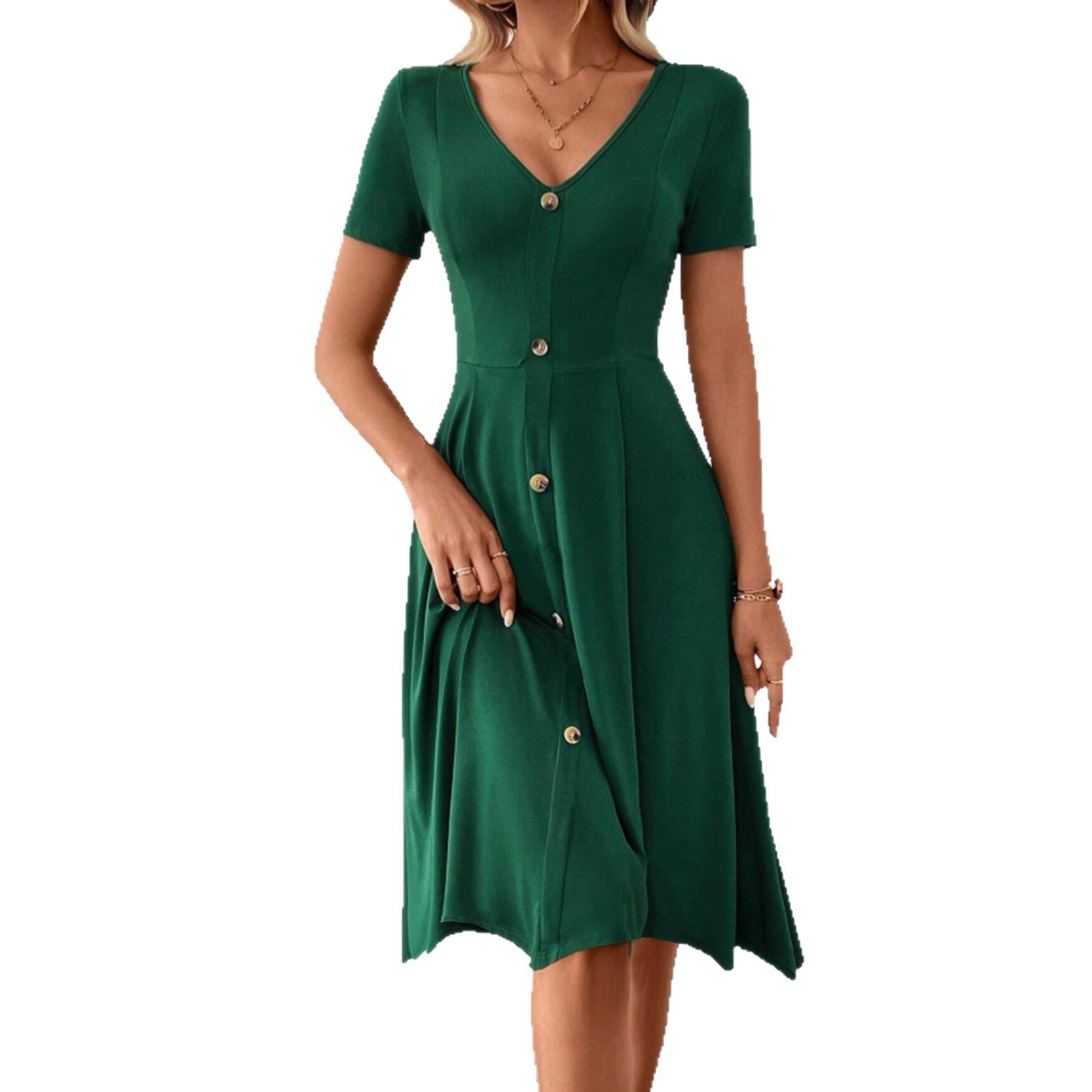 Elegante y moderno vestido de una pieza verde oscuro para mujer.
