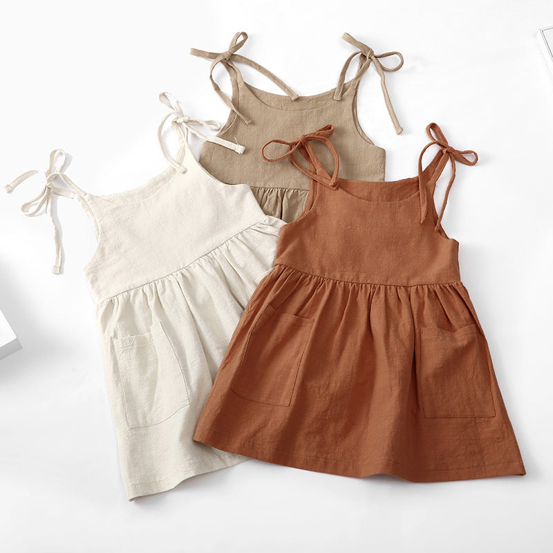 Vestido de Verano para Niña de Algodón y Lino con Bolsillo Lateral — Color Liso
