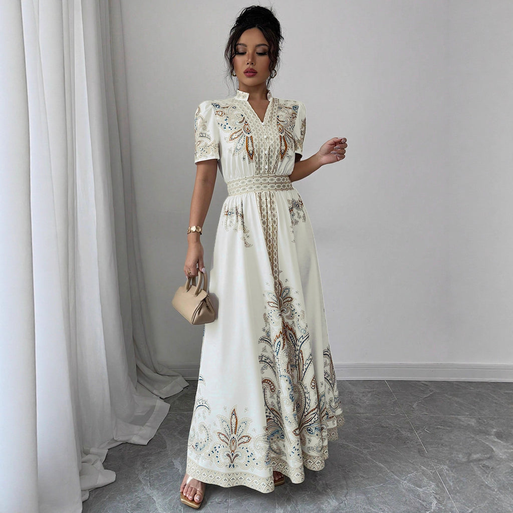 Vestido Maxi Paisley con Cintura Alta, Cuello Mao y Encaje