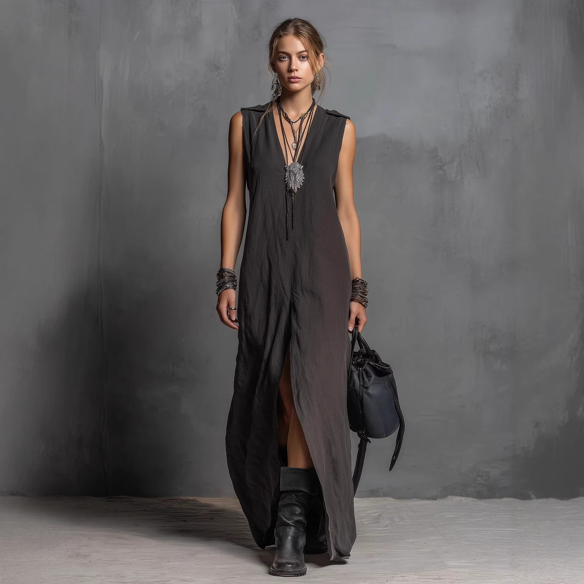 Long sleeveless V-neck dress with slit