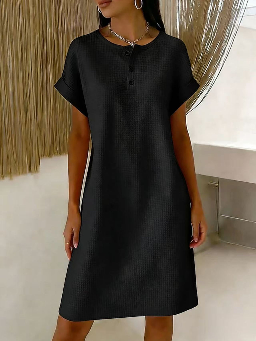 New comfortable and casual plain waffle knit dress with a round neck