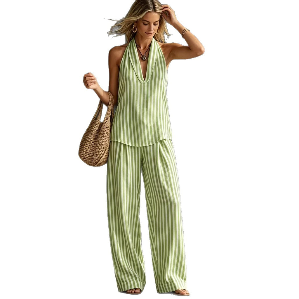 Conjunto de dos piezas a la moda para mujer: pantalón ancho a rayas.