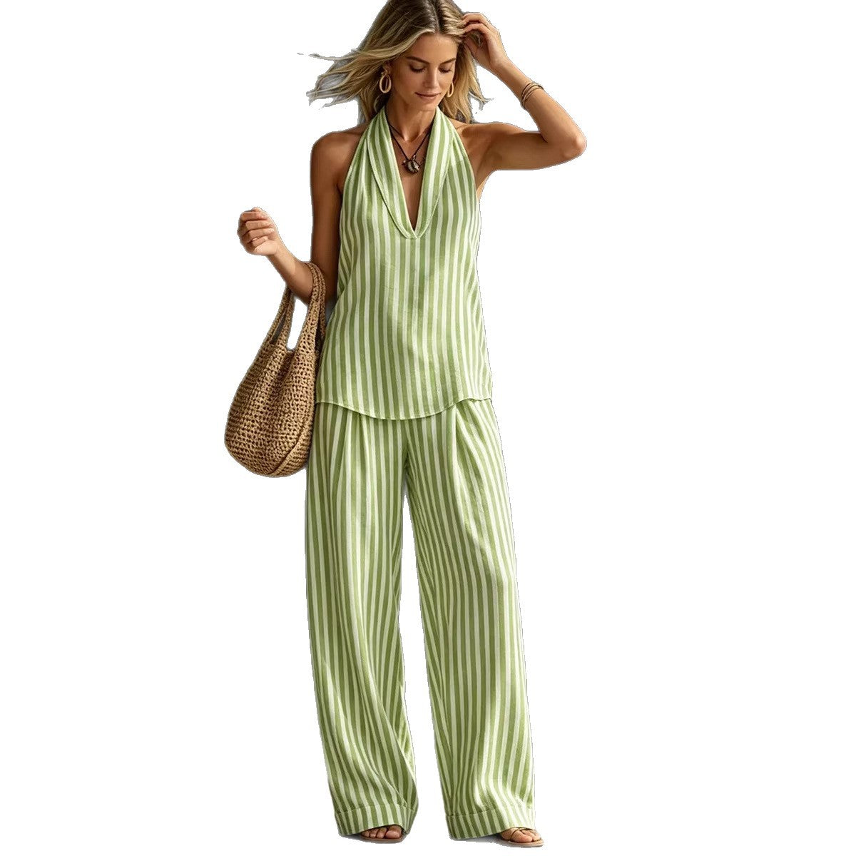 Conjunto de dos piezas a la moda para mujer: pantalón ancho a rayas.